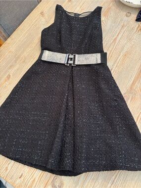 Classic Black & Silver Sleeveless A-Line Belted Dress